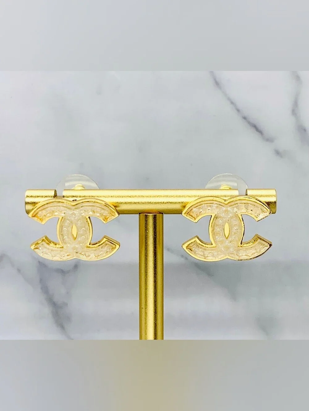 Authentic Chanel 24A Gold Plated Glitter Resin CC Stud Earrings